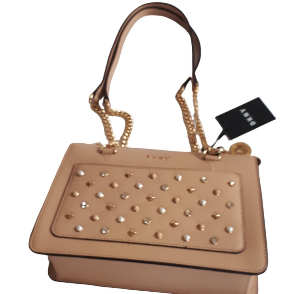 DKNY Shoulder Hand Bag Cow Leather Studded Eggnog With Gold Chain